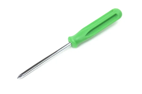 Śrubokręt zielony uchwyt izolowany na białym tle. Zbliżenie pojedynczego obiektu — Zdjęcie stockowe