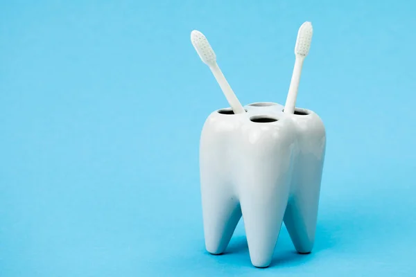 Soporte de cepillo de dientes en forma de diente dos cepillos de dientes aislados sobre fondo azul — Foto de Stock