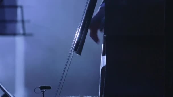 Μουσικός παίζει τσέλο κοντινό τόξο και έγχορδα μαύρα φωτισμένα — Αρχείο Βίντεο