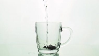Siyah çay parçacıkları bardağa dökülüyor şeffaf bardağa ve çay demlemek için kaynar su ekleniyor beyaz arka planda izole edilmiş yavaş çekimde.