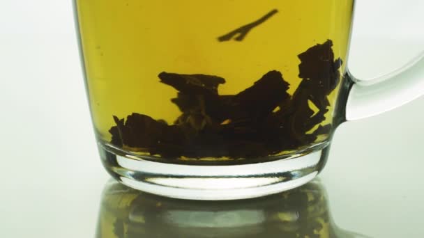 Zwarte thee deeltjes draaien op de bodem transparante glazen mok maken van een werveling, het brouwen van thee slow motion close-up zwartgeblakerde — Stockvideo