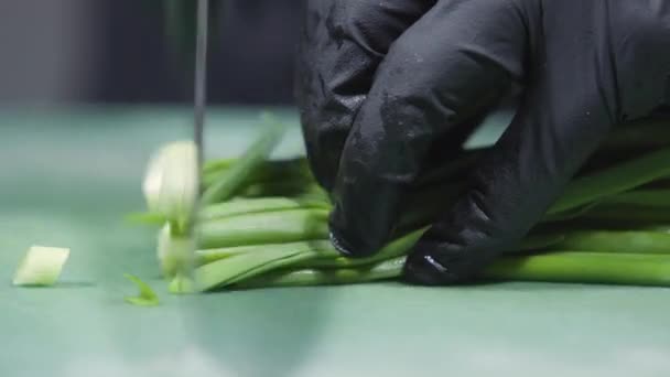 Cooks hands in black gloves slicing green onions close up — Stock Video