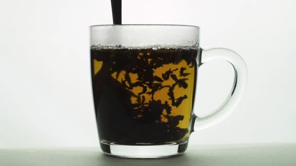 Cuchara agita el té en la taza de vidrio transparente creando remolino, partículas negras girando té de preparación. cámara lenta aislada sobre fondo blanco de cerca — Vídeo de stock