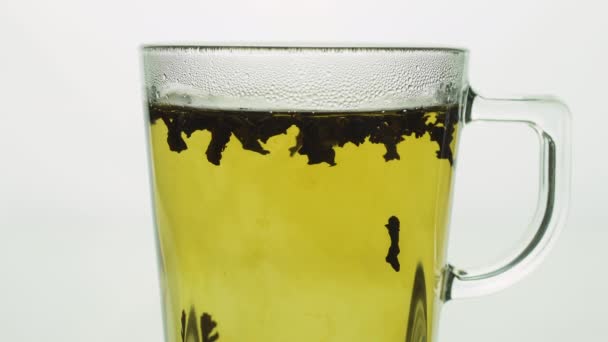 Частицы черного чая, плавающие в прозрачной стеклянной кружке, создавая водоворот, заваривая чай близко к черному свету — стоковое видео