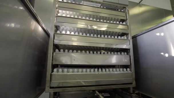 Plastikflaschen auf Sterilisatoren von Medical Solutions Conveyor, Blow-fill-Dichtungstechnologie zur Herstellung flüssigkeitsgefüllter Behälter in medizinischen oder lebensmittelindustriellen Fabriken — Stockvideo