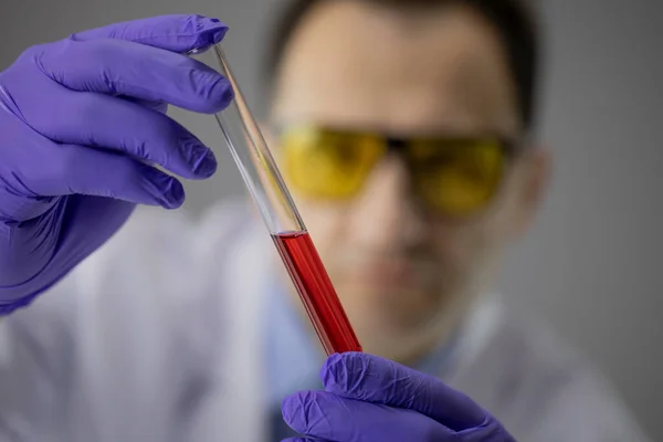 Kémiai kutató kék kesztyűben tartó kémcső átlátszó piros folyadék — Stock Fotó