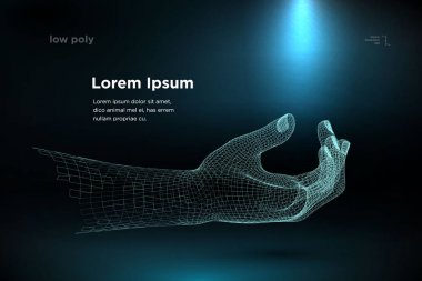 eller. Tel kafes eller birbirine ulaşan mavi. Tel kafes işaret--dan yıldızlı mavi zemin üzerine mesh. 3B vektör çizim oluşturma