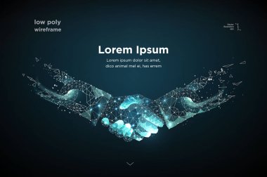 Blockchain teknoloji sözleşmesi karşılıklı iş kavramı düşük Poli. Poligonal nokta çizgi geometrik tasarım. Eller zinciri bağlantı Internet köprü bağlantısı mavi vektör çizim