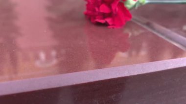 Kırmızı karanfil çiçeği, bilinmeyen bir askerin anıtının yanında taş bir granit tabakta duruyordu. Anma günündeki büyük vatanseverlik savaşında zafer ve kahramanlığın sembolü olarak sonsuz bir ateş..