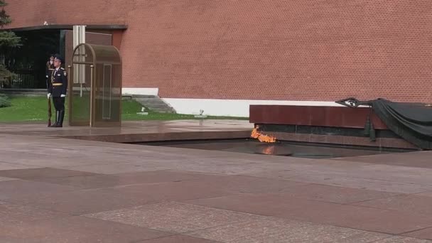 Moskova, Rusya - Kasım 06, 2019: Rusya 'nın başkenti Moskova' da bulunan Alexander Garden 'daki Ebedi Ateşin ve Bilinmeyen Asker' in Mezarı 'nın onur kıtası — Stok video