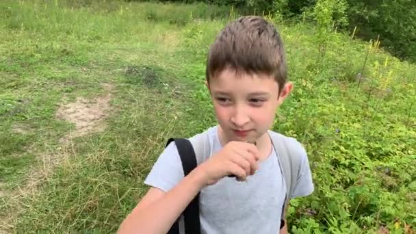 Een Portret Van Een Hongerige Jongen Die Zomer Door Een — Stockvideo