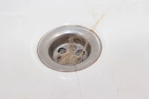 Alcantarillado bloqueado, desagüe de baño obstruido con el pelo caído de cerca, pérdida de cabello en un baño —  Fotos de Stock