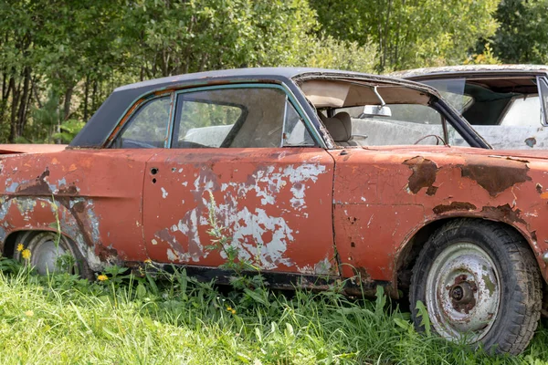 Velhos veículos enferrujados abandonados, carros esmagados no ferro-velho, ferro-velho precisavam ser utilizados e reutilizados para proteger a natureza e o meio ambiente, conceito de reciclagem de metais — Fotografia de Stock