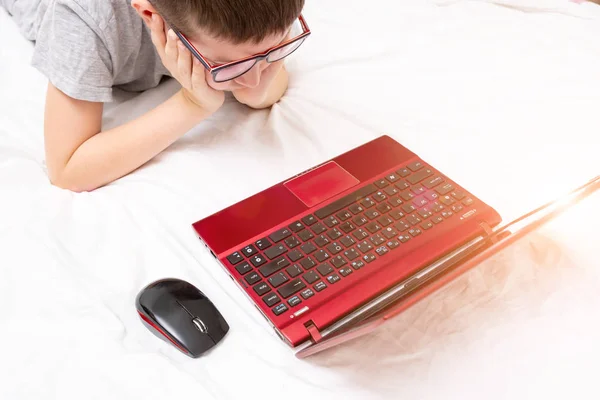 Un niño preadolescente acostado en una cama, navegando por Internet y escribiendo en su blog, concepto de blogueo infantil —  Fotos de Stock