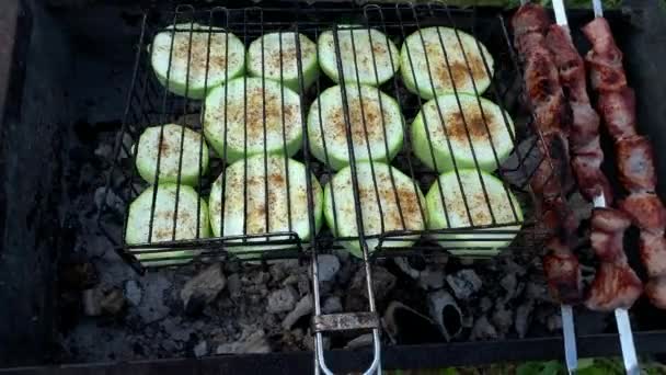 Seseorang membuat daging panggang dan sayuran, zucchini, mengubah tusuk sate dan panggangan grid, konsep barbekyu — Stok Video