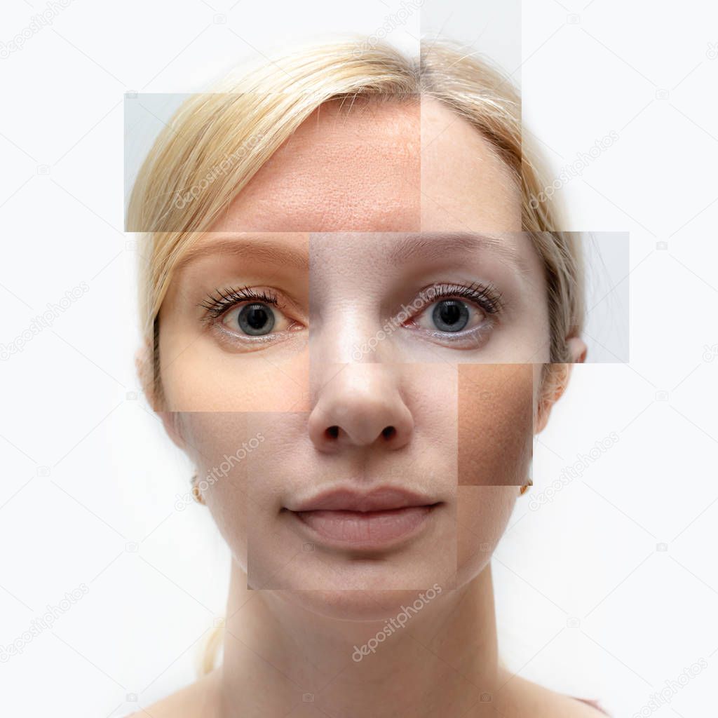 Woman facewith perfect retouched skin - concept of rejuvenating cosmetological procedures of biorevitalization, face lifting and pigment spots removal.