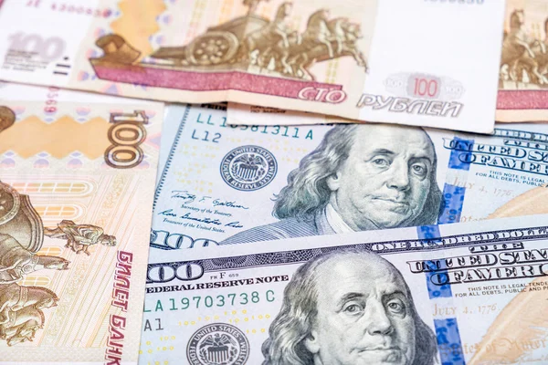 Rubli Russi Sfregano Dollari Americani Concetto Tasso Cambio Usd — Foto Stock