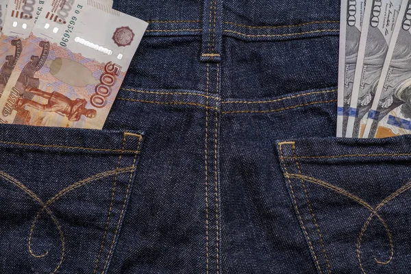 Russian Rubles American Dollar Banknotes Different Jeans Pockets Symbol Difficult — Φωτογραφία Αρχείου