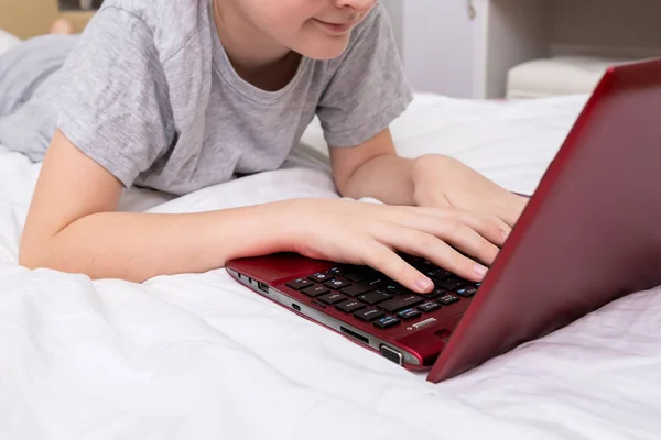 Boy School Boy Lying Bed Laptop Watching Online Translation Lesson — Stock Photo, Image
