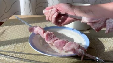 Bir kadın şişte et pişirir. Izgara yapmak, ateşte et pişirmek, barbekü hazırlamak ve terbiye etmek için.