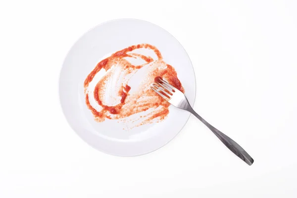 Κενό Βρώμικο Λευκό Πιάτο Μετά Μακαρόνια Σάλτσα Ντομάτας Κέτσαπ Αυτό — Φωτογραφία Αρχείου