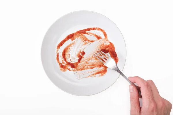 Üres Piszkos Fehér Tányér Után Spagetti Paradicsom Sause Vagy Ketchup — Stock Fotó