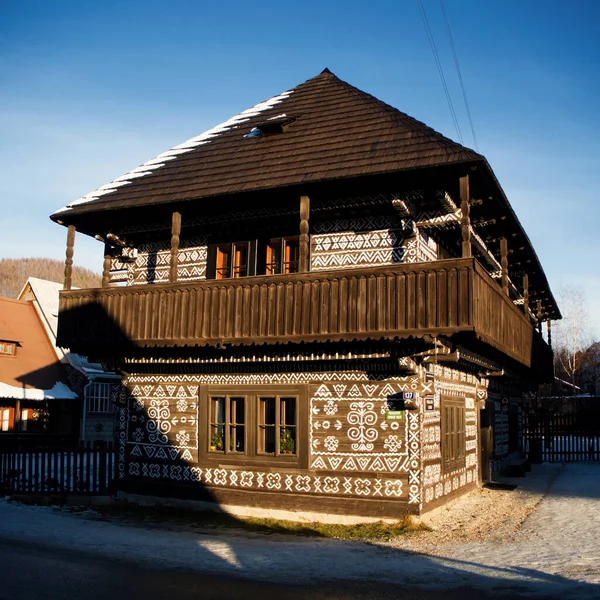 Folk art in Cicmany. Folk painted house. Slovak tradition.