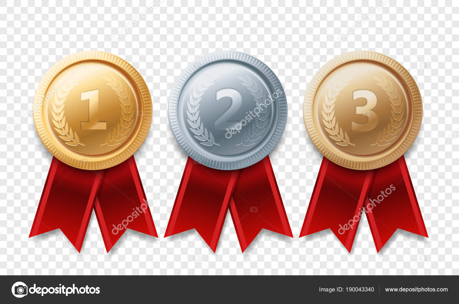 Gull, sølv, bronsemedalje satt. Oppnådd vektormetallpris med rødt bånd  isolert på gjennomsiktig bakgrunn. Sportsspill-utfordringsmerke .  stockvektor © avector #190043340, image size:1600x1060