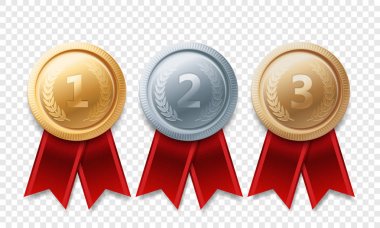 Gold, silver, bronze champion medal set. Vector metal award trophy achievement with red ribbon isolated on transparent background. Sport game challenge award badge. clipart