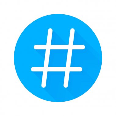 Sosyal ağ veya Internet uygulama için hashtag vektör simge. Hashtag izole sembolü beyaz zemin üzerine mavi daire