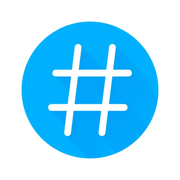 Icono de vector de hashtag para redes sociales o aplicaciones de Internet. Hashtag símbolo aislado en círculo azul sobre fondo blanco — Vector de stock