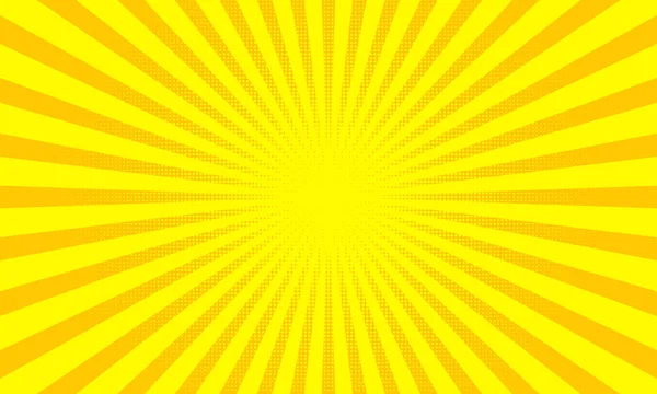 Yellow sunbeams or sun rays background with dots pop art design. Vector abstract background with dispersive, divergent halftone light beams — Stock Vector
