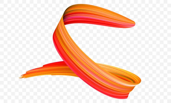 Pincelada de acrílico naranja. Vector brillante espiral gradiente pincel de pintura 3d con textura vibrante sobre fondo transparente. Concepto creativo de trazo de color pintado digital — Vector de stock
