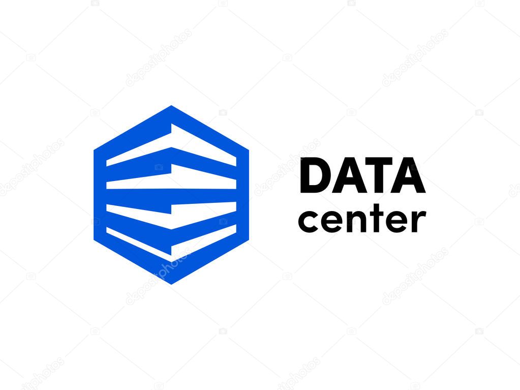 Data or hosting server logo. Vector database hexagonal icon template for cloud server company. Big data cube icon
