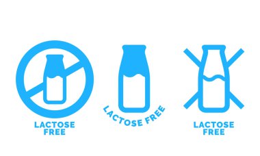 Laktoz ücretsiz logo simge. Vektör sağlıklı daiy gıda ürün paketi için hiçbir laktoz etiket içerir. Mavi inek süt şişesi işareti öğesi tasarım