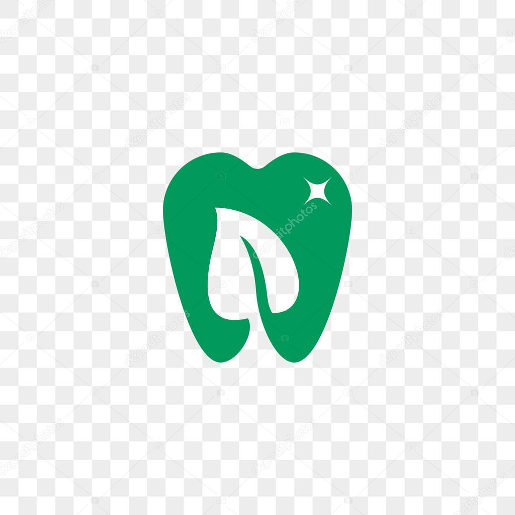 Tooth logo icon for dentist or stomatology dental care design template. Vector isolated line green leaf and shine tooth symbol for dentistry clinic or dentist medical center and toothpaste package