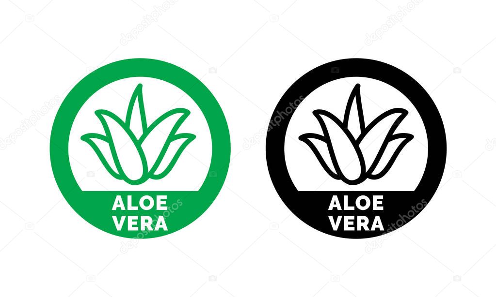Aloe Vera green leaf label for natural organic product package. Isolated Aloe Vera leaf circle icon sign for cosmetic or moisturizer cream and skincare lotion packaging design template