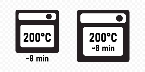 Food cooking oven instruction with temperature and minutes time, vector icons. Microwave and baking in oven recommendations, package label templates — Stock Vector