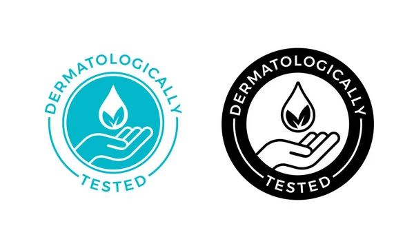 Etichetta vettoriale testata dermatologicamente con goccia d'acqua, foglia e logo a mano. Test dermatologici e dermatologi icona clinicamente provata per un'etichetta sicura del prodotto priva di allergie e sana — Vettoriale Stock