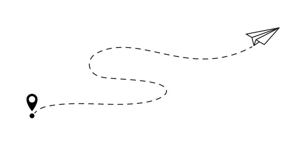 Шлях Літака Пунктирною Траєкторією Маршруту Польоту Векторна Паперова Площина Штифтом — стоковий вектор