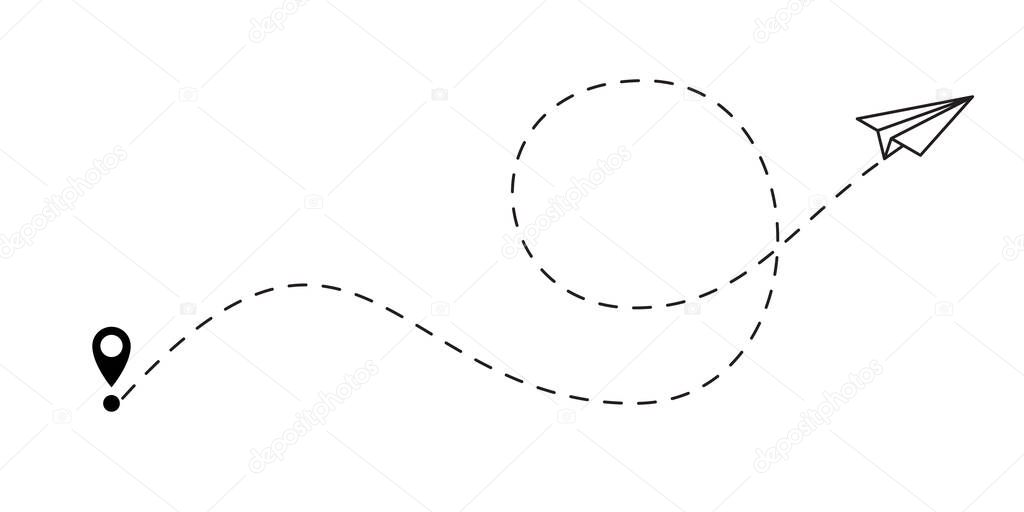 Airplane flight route line path and destination point. Paper plane travel dash line vector icon