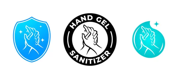 Gel Mão Sanitizer Vetor Etiqueta Com Gota Água Escudo Logotipo —  Vetores de Stock