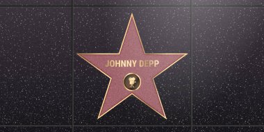 Varşova, Polonya 17 Mayıs 2020. Ünlüler Bulvarı 'ndaki Hollywood yıldızı. Johnny Depp ikonik film yıldızı ismi ünlülerin şöhret yürüyüşü kara zemin arka planında açık dokusuyla