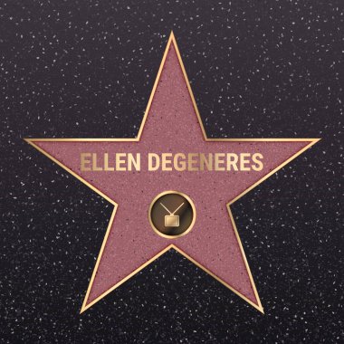 Varşova, Polonya, 17 Mayıs 2020. Ünlüler Bulvarı 'ndaki Hollywood yıldızı. Ellen DeGeneres 'in ikonik televizyon şovu. Ünlüler yürüyüşünün yıldızı. Siyah zemin üzerinde.