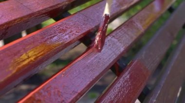 Sarı koruyucu eldiven boyama ahşap tahta elinde fırça fırça kırmızı renkli, yavaş hareket ile yakın çekim