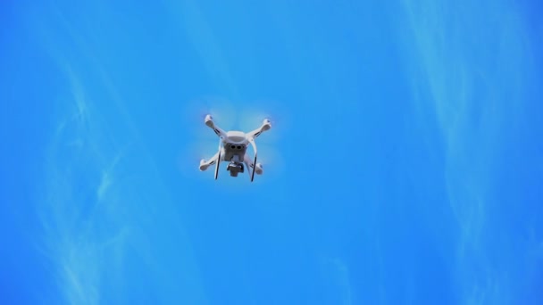 Helikopter, drone leci w pobliżu wierzchołkami drzew na tle błękitnego nieba — Wideo stockowe