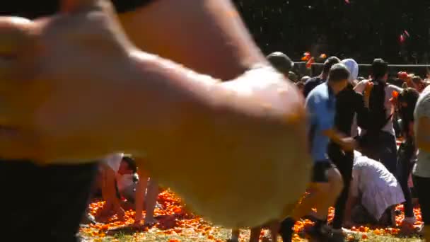 A battle of tomatoes, People are throwing tomatoes — Stock Video