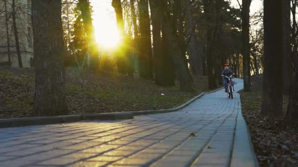 Niño pequeño montando la bicicleta en el parque, el parque de la puesta del sol, cámara lenta — Vídeo de stock