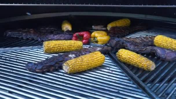 Lam ribben en groenten op een roterende Grill, vlees en graan op een barbecue, slow-motion — Stockvideo