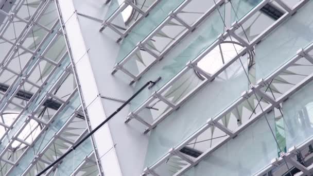 Wassen van ramen met een borstel met een lange steel, reiniging van glazen oppervlakken in het stadion, slow-motion — Stockvideo